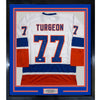 Framed Autographed/Signed Pierre Turgeon 35x39 New York White Hockey Jersey JSA COA