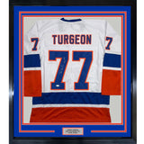 Framed Autographed/Signed Pierre Turgeon 35x39 New York White Hockey Jersey JSA COA