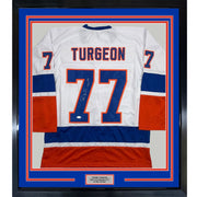 Framed Autographed/Signed Pierre Turgeon 35x39 New York White Hockey Jersey JSA COA