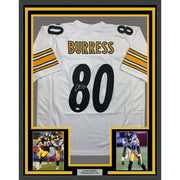 Framed Autographed/Signed Plaxico Burress 35x39 Pittsburgh White Football Jersey JSA COA