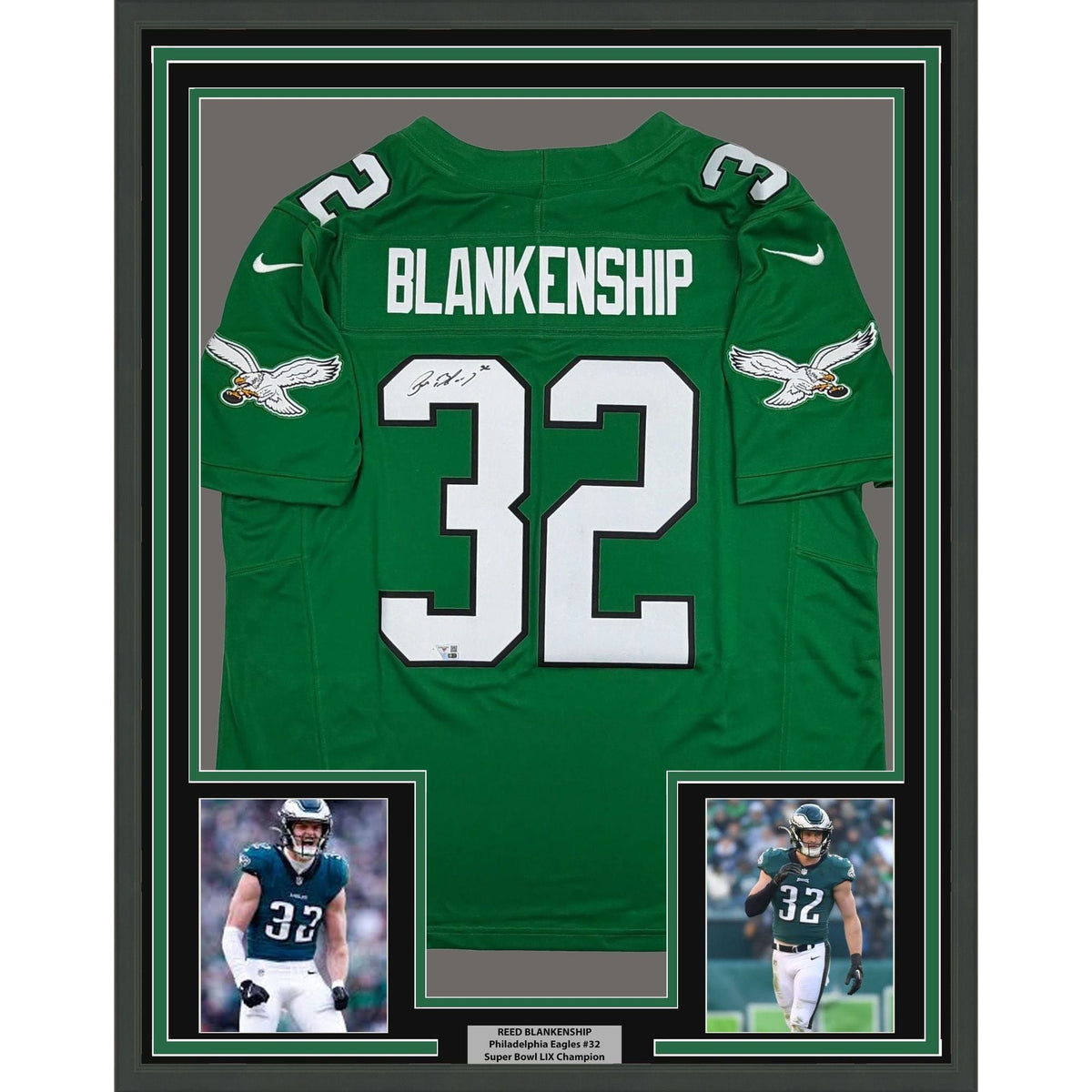 Framed Autographed/Signed Reed Blankenship 35x39 Philadelphia Eagles Kelly Green Football Jersey Fanatics COA