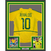 Framed Autographed/Signed Rivaldo 35x39 Brazil Yellow Soccer Futbol Jersey Beckett BAS COA #2