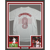 Framed Autographed/Signed Robert Lewandowski 35x39 Poland White Soccer Futbol Jersey Beckett BAS COA