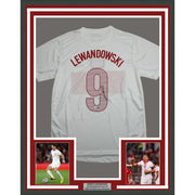 Framed Autographed/Signed Robert Lewandowski 35x39 Poland White Soccer Futbol Jersey Beckett BAS COA