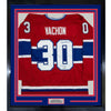Framed Autographed/Signed Rogie Vachon 35x39 Montreal Red Hockey Jersey Beckett BAS COA