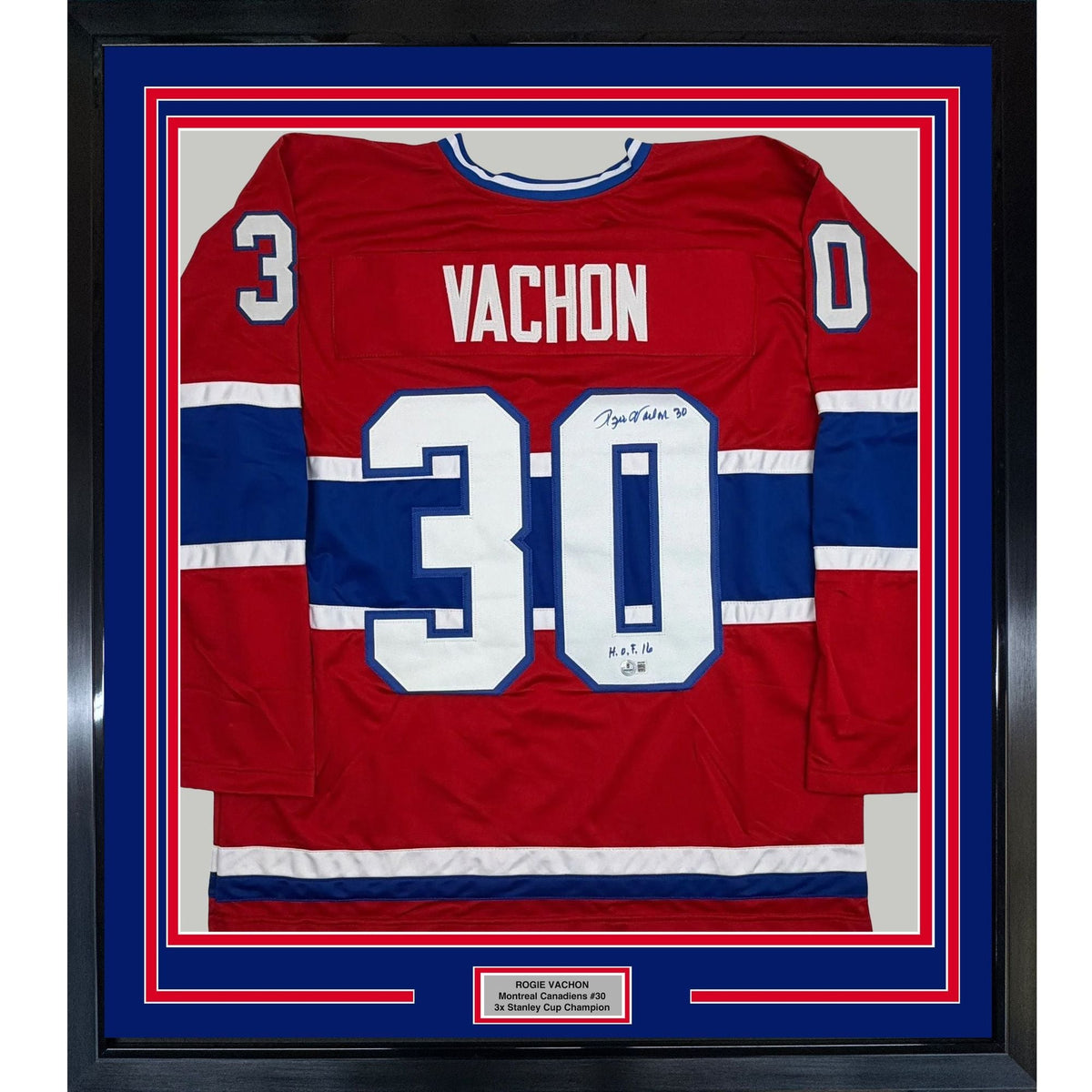 Framed Autographed/Signed Rogie Vachon 35x39 Montreal Red Hockey Jersey Beckett BAS COA