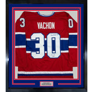 Framed Autographed/Signed Rogie Vachon 35x39 Montreal Red Hockey Jersey Beckett BAS COA