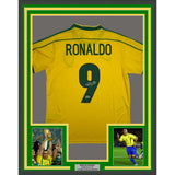 Framed Autographed/Signed Ronaldo Nazario 35x39 Brazil Yellow Soccer Jersey Beckett BAS COA #2