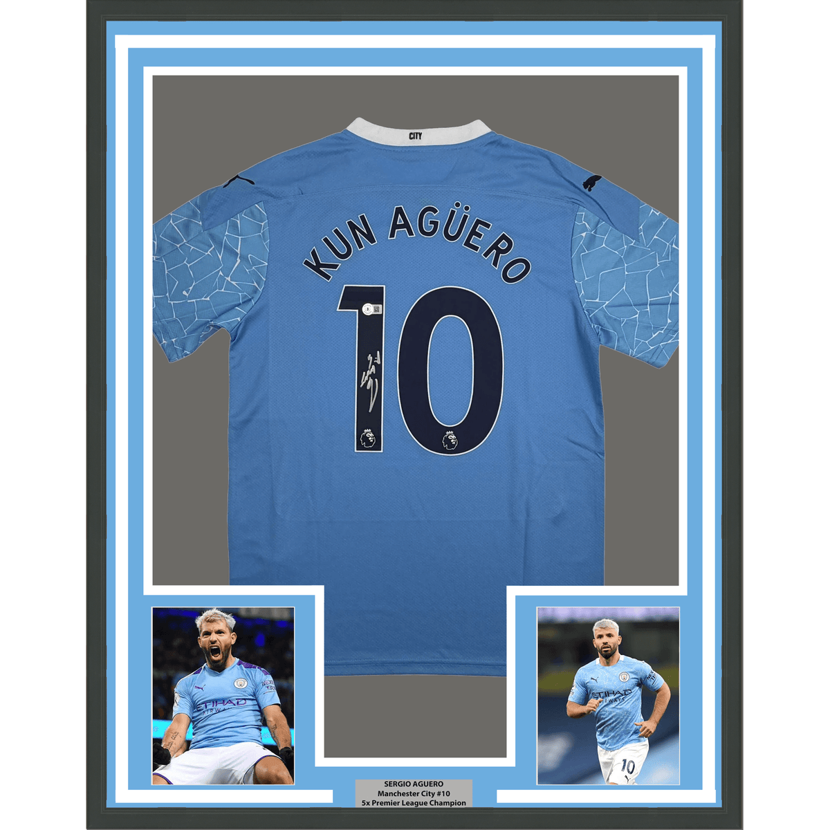 Framed Autographed/Signed Sergio Kun Aguero #10 35x39 Manchester City Blue Soccer Futbol Jersey Beckett BAS COA