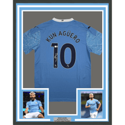 Framed Autographed/Signed Sergio Kun Aguero #10 35x39 Manchester City Blue Soccer Futbol Jersey Beckett BAS COA