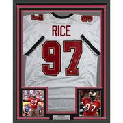 Framed Autographed/Signed Simeon Rice 35x39 Tampa Bay White Football Jersey JSA COA