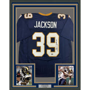 Framed Autographed/Signed Steven Jackson 35x39 St. Louis Dark Blue Football Jersey Beckett BAS COA