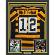 Framed Autographed/Signed Terry Bradshaw 35x39 Pittsburgh Bumble Bee Football Jersey Beckett BAS COA