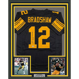 Framed Autographed/Signed Terry Bradshaw 35x39 Pittsburgh Black Color Rush Football Jersey Beckett BAS COA