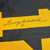 Framed Autographed/Signed Terry Bradshaw 35x39 Pittsburgh Black Color Rush Football Jersey Beckett BAS COA