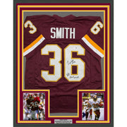 Framed Autographed/Signed Timmy Smith 35x39 Washington Maroon Football Jersey Beckett BAS COA