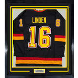 Framed Autographed/Signed Trevor Linden 35x39 Vancouver Black Hockey Jersey Beckett BAS COA