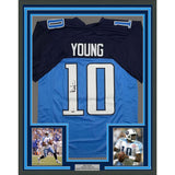 Framed Autographed/Signed Vince Young 35x39 Tennessee Navy Blue Football Jersey JSA COA