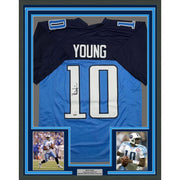 Framed Autographed/Signed Vince Young 35x39 Tennessee Navy Blue Football Jersey JSA COA