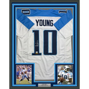 Framed Autographed/Signed Vince Young 35x39 Tennessee White Football Jersey JSA COA