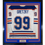 Framed Autographed/Signed Wayne Gretzky 35x39 Edmonton White Hockey Jersey PSA/DNA COA