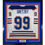 Framed Autographed/Signed Wayne Gretzky 35x39 Edmonton White Hockey Jersey PSA/DNA COA