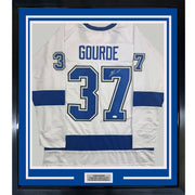 Framed Autographed/Signed Yanni Gourde 35x39 Tampa Bay White Hockey Jersey JSA COA