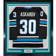 Framed Autographed/Signed Yaroslav Askarov 35x39 San Jose Black Hockey Jersey Beckett BAS COA