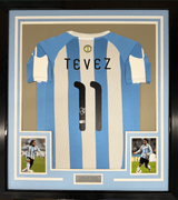 Framed Autographed/Signed Carlos Tevez 35x39 Argentina Blue Soccer World Cup Jersey Beckett BAS COA
