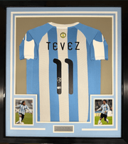 Framed Autographed/Signed Carlos Tevez 35x39 Argentina Blue Soccer World Cup Jersey Beckett BAS COA