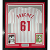 Framed Autographed/Signed Cristopher Sanchez 35x39 Philadelphia Pinstripe Baseball Jersey Beckett BAS COA