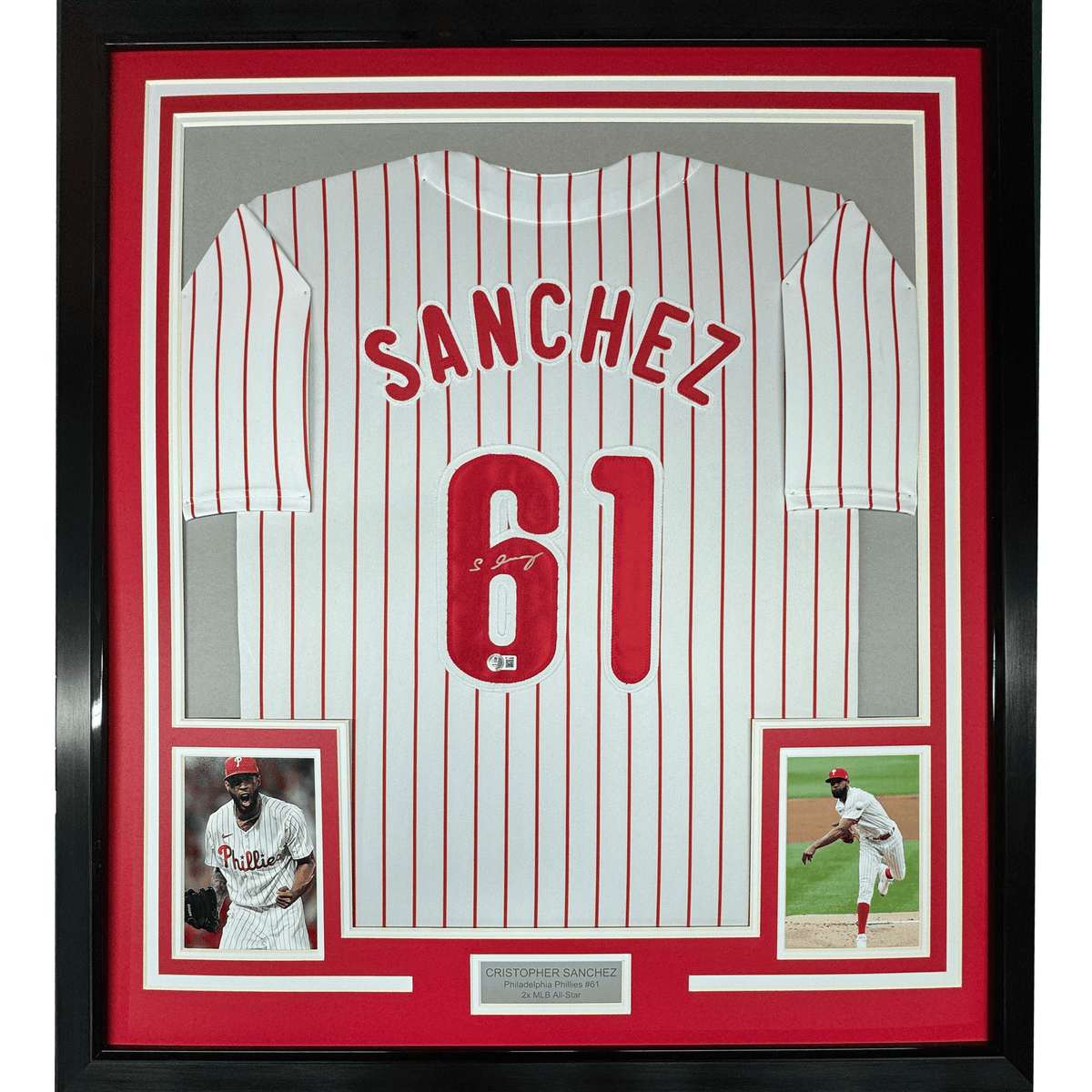 Framed Autographed/Signed Cristopher Sanchez 35x39 Philadelphia Pinstripe Baseball Jersey Beckett BAS COA
