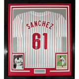 Framed Autographed/Signed Cristopher Sanchez 35x39 Philadelphia Pinstripe Baseball Jersey Beckett BAS COA