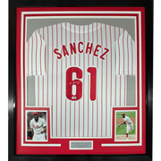 Framed Autographed/Signed Cristopher Sanchez 35x39 Philadelphia Pinstripe Baseball Jersey Beckett BAS COA