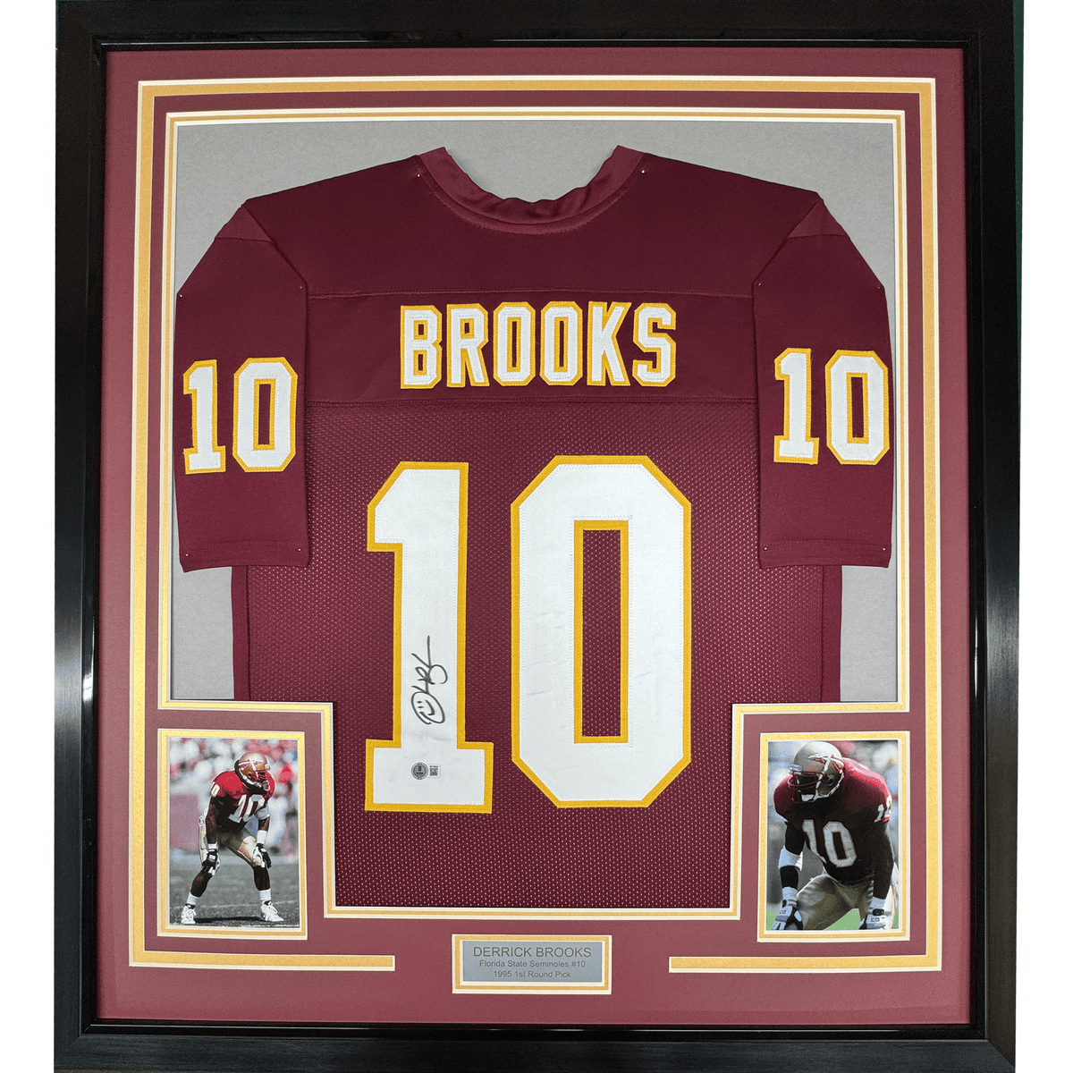 Framed Autographed/Signed Derrick Brooks 35x39 Florida State FSU Maroon College Football Jersey Beckett BAS COA