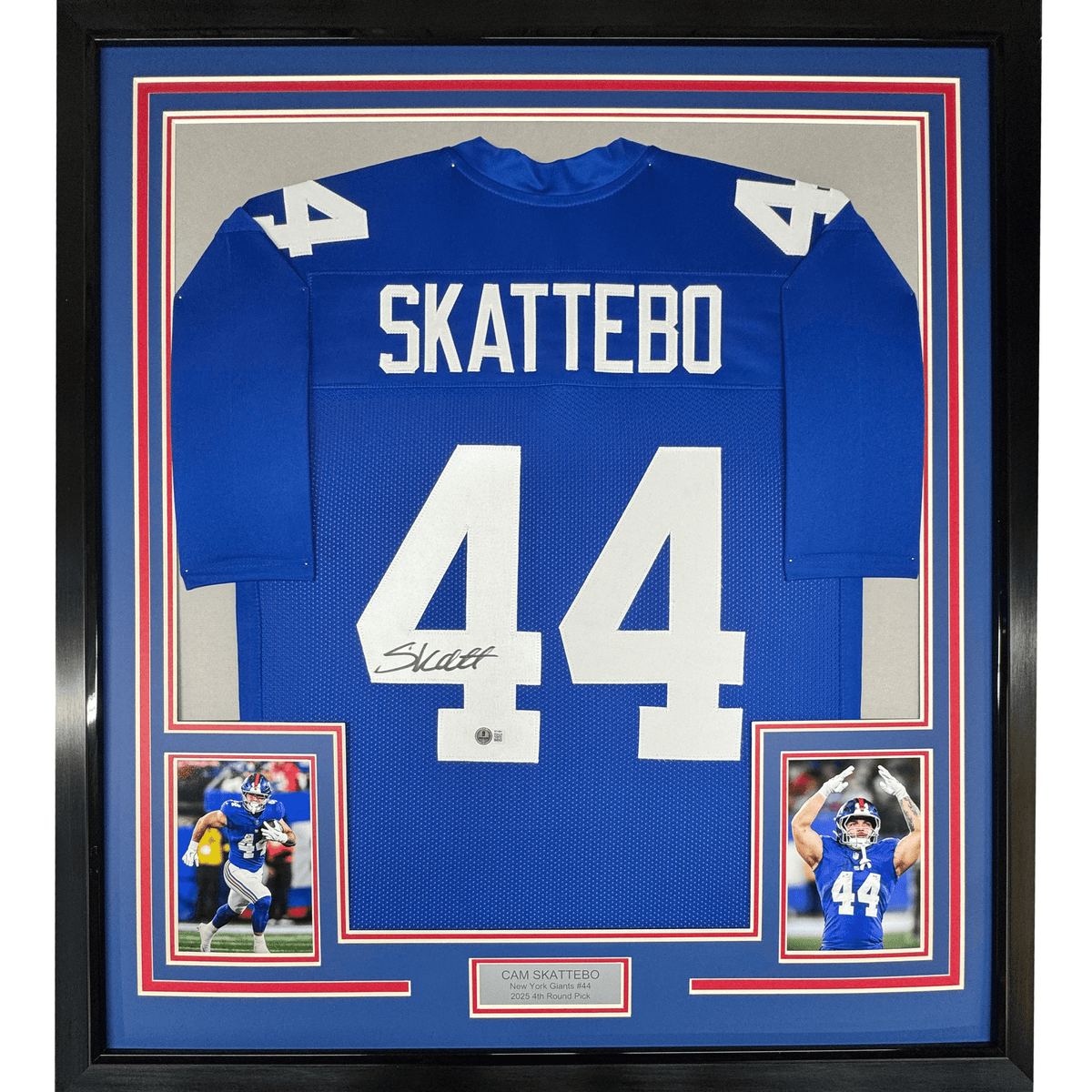Framed Autographed/Signed Cam Skattebo 35x39 New York Blue Football Jersey Beckett BAS COA