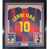 Facsimile Autographed Framed Lamine Yamal #10 35x39 FC Barcelona Blue/Red Reprint Laser Auto Soccer Jersey