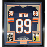 Framed Autographed/Signed Mike Ditka 35x39 Chicago Blue Stat Football Jersey JSA COA