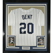 Framed Autographed/Signed Bucky Dent 35x39 New York Pinstripe Baseball Jersey Beckett BAS COA