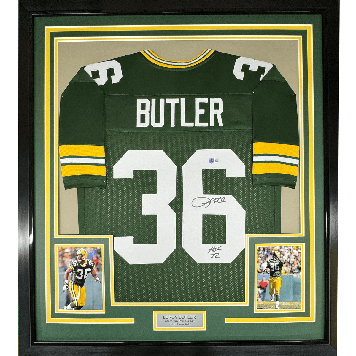 Framed Autographed/Signed Leroy Butler 35x39 Green Bay Green Football Jersey Beckett BAS COA