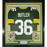 Framed Autographed/Signed Leroy Butler 35x39 Green Bay Green Football Jersey Beckett BAS COA