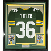 Framed Autographed/Signed Leroy Butler 35x39 Green Bay Green Football Jersey Beckett BAS COA