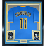Framed Autographed/Signed Jackson Chourio 35x39 Milwaukee Blue Baseball Jersey Beckett BAS COA