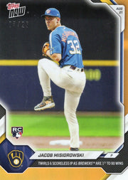 2026 Topps Now Jacob Misiorowski #578 Orange Foil /25 Twirls 6 Scoreless IP as Brewers are 1st to 80 Wins Milwaukee Brewers Rookie RC Baseball Card