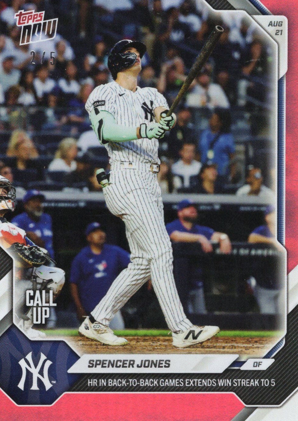 2026 Topps Now Spencer Jones #580 Red Foil /5 HR in Back to Back Games Extends Win Streak to 5 New York Yankees Rookie RC Baseball Card