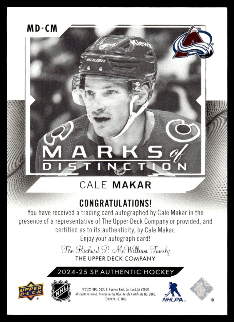 2024 Upper Deck Sp Authentic Md-Cm Cale Makar Marks Of Distinction /25 Colorado Auto