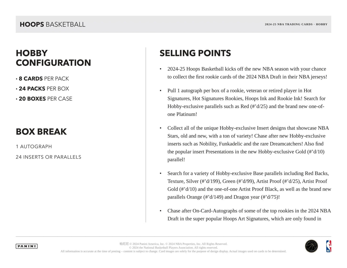 Panini - 2024/25 Hoops Basketball (NBA) - Hobby Box
