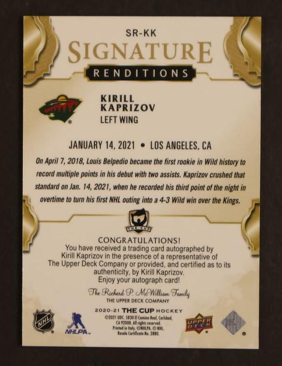 2020 Upper Deck The Cup #Sr-Kk Kirill Kaprizov Signature Renditions Auto Rc
