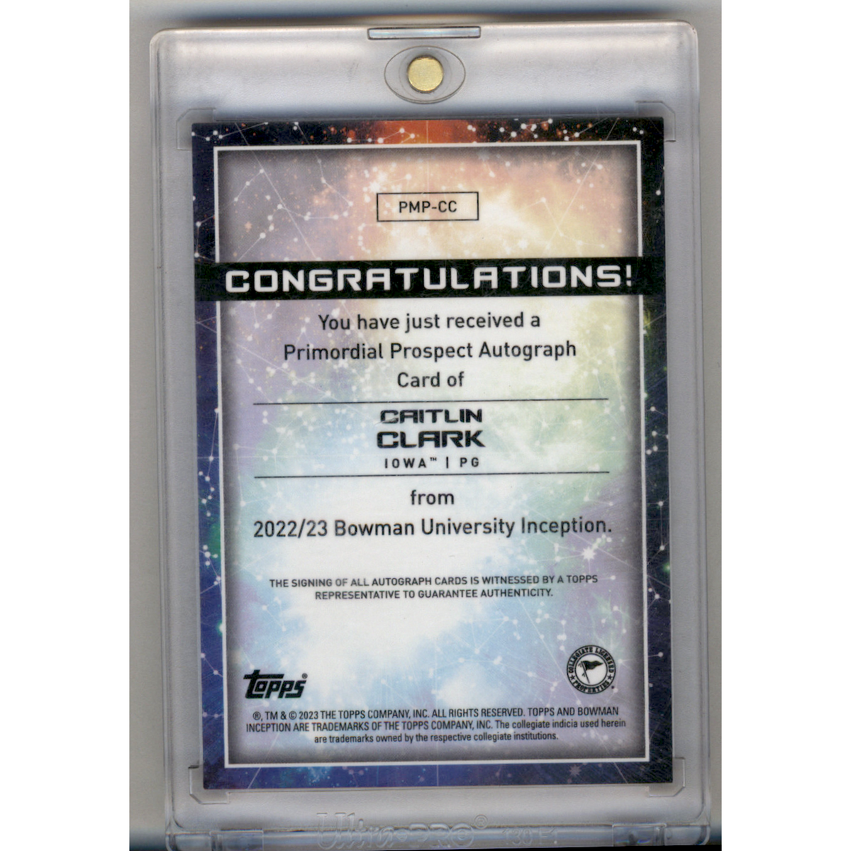 2023 Bowman University Inception Caitlin Clark #Pmp-Cc Primordial Prospect Autograph /99
