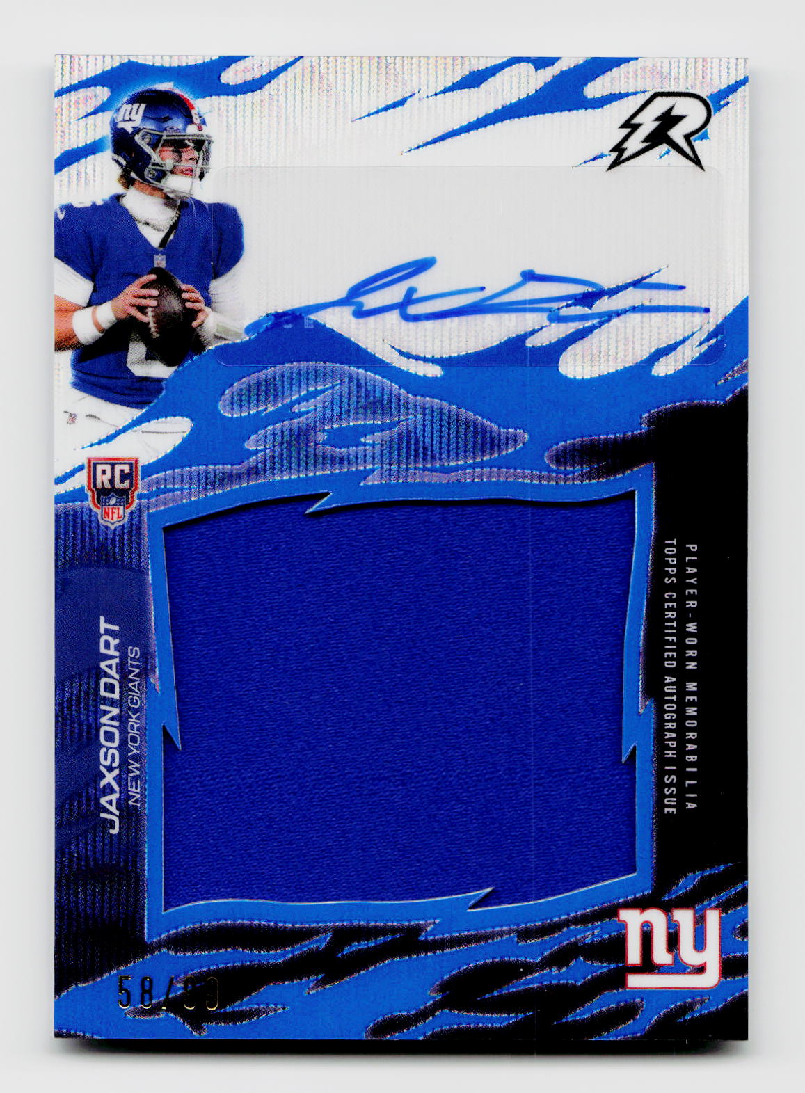 2025 Topps Resurgence Jaxson Dart #RRS-JD Rookie Relic Signatures Jumbo Player-Worn Patch Auto Blue Surge RC /99
